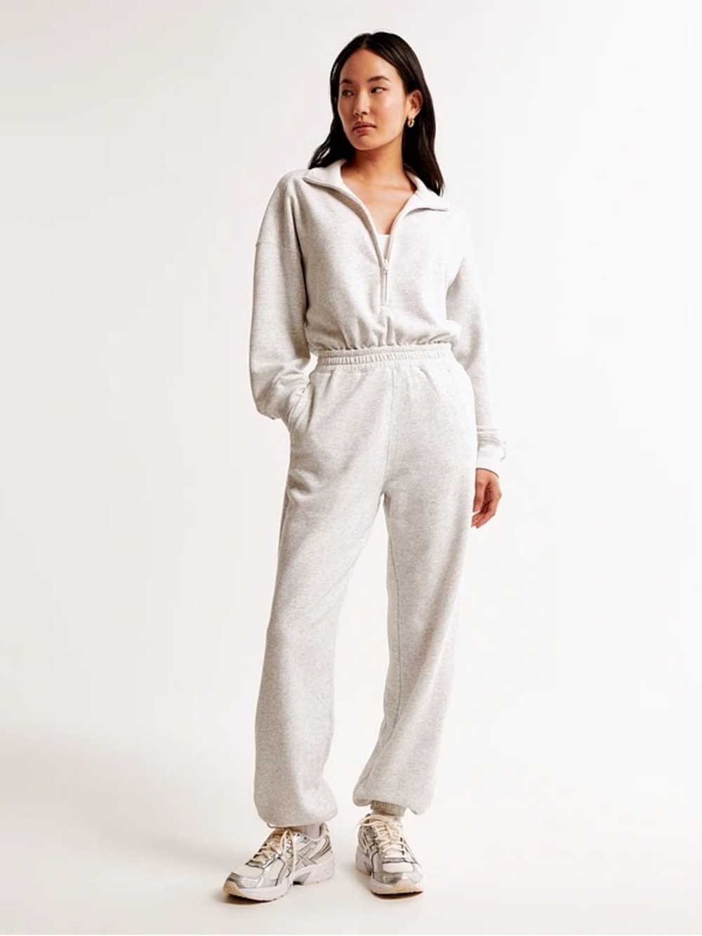 Abercrombie & Fitch Long-Sleeve Half-Zip Fleece Jumpsuit grey size medium tall